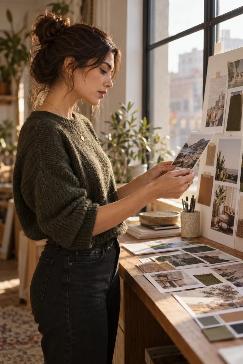 Creative director reviewing reference photographs by a window